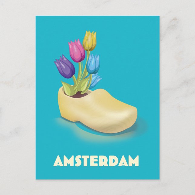 Postal Afiche de viaje de Amsterdam Cloggs y Tulips. (Anverso)