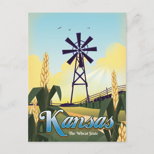 Postal Afiche de viaje de Kansas "el Estado del Trigo". (Anverso)