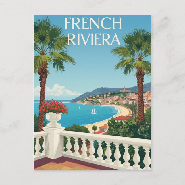 Postal Afiche de Viaje de la Playa de la Riviera Francesa (Anverso)