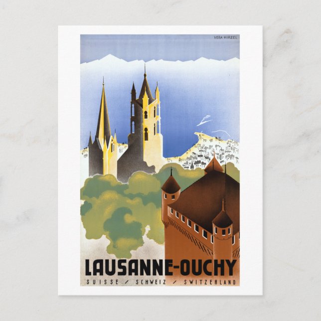 Postal Afiche de viaje de la vieja Lausana-Ouchy Suiza (Anverso)