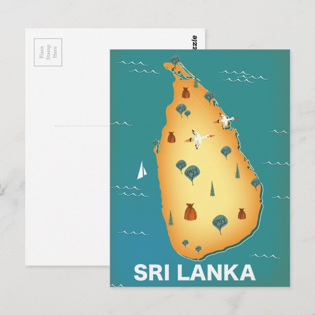 Postal Afiche de viaje de mapa de Sri Lanka (Anverso / Reverso)
