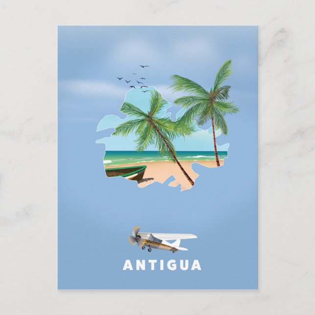 Postal Afiche de viaje de mapa ilustrado de Antigua (Anverso)