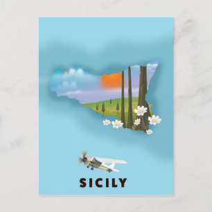 Postal Afiche de viaje de mapa ilustrado por Sicilia