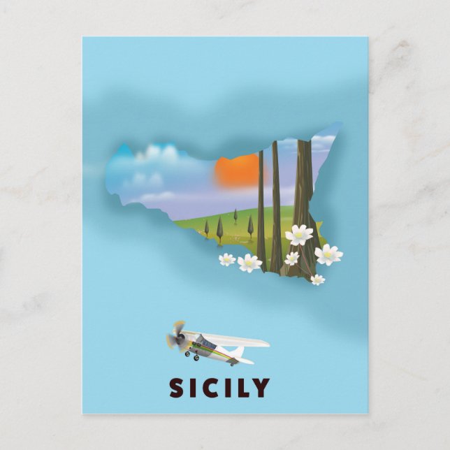 Postal Afiche de viaje de mapa ilustrado por Sicilia (Anverso)