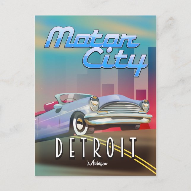 Postal Afiche de viaje de Motor City Detroit Michigan. (Anverso)
