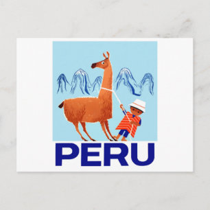Postal Afiche de viaje de Niño de la época y Llama Perú