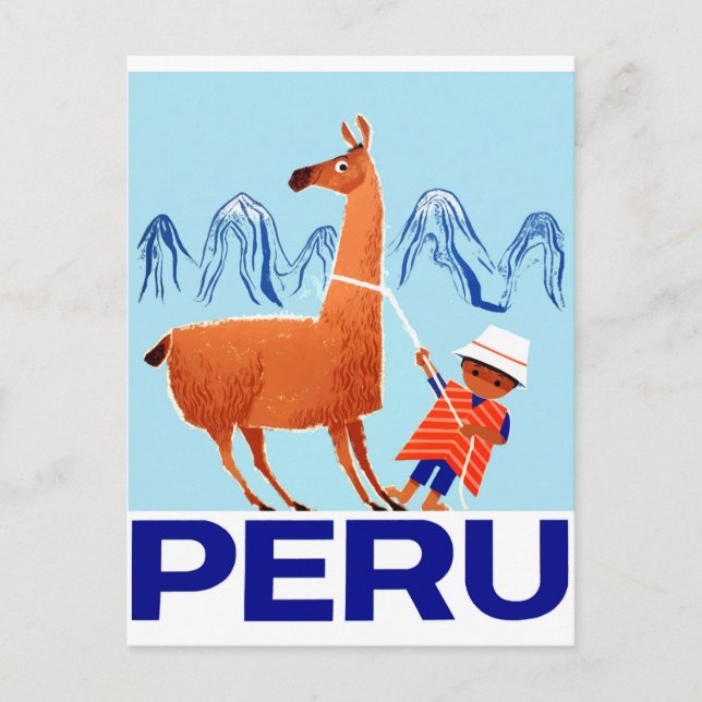 Postal Afiche de viaje de Niño de la época y Llama Perú (Anverso)
