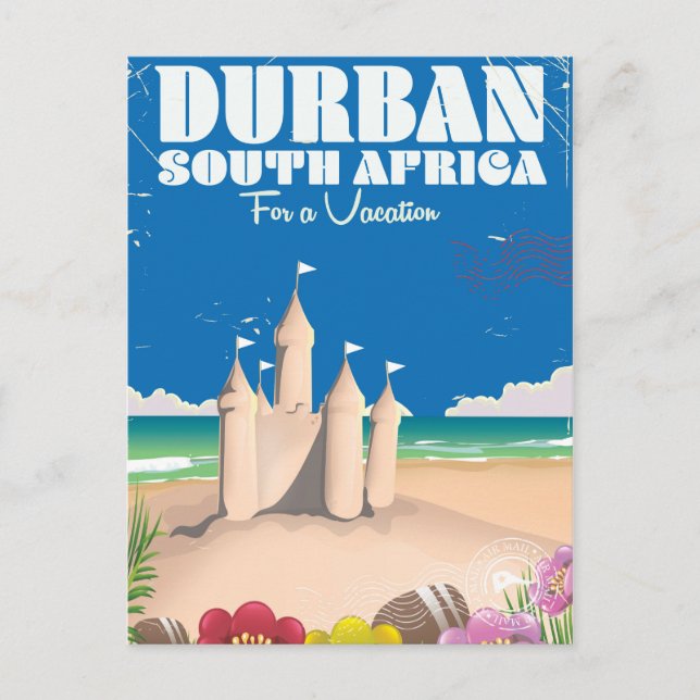 Postal Afiche de viaje de playa añeja en Durban Sudáfrica (Anverso)