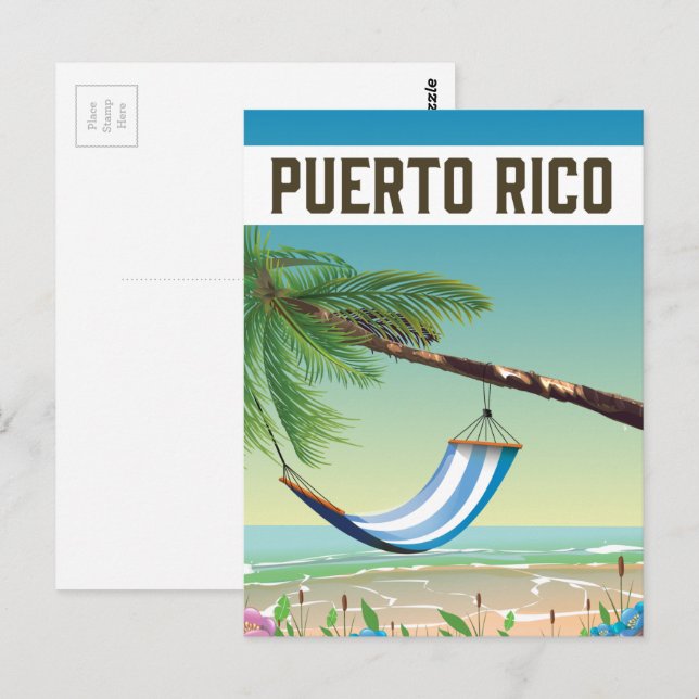 Postal Afiche de viaje de Puerto Rico Beach. (Anverso / Reverso)