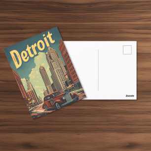 Postal Afiche de viaje de Retro Detroit Michigan