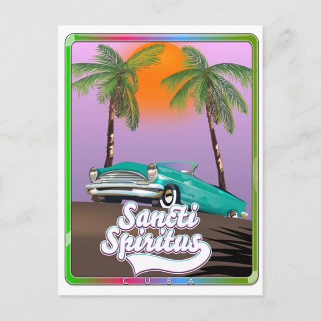 Postal afiche de viaje de santiti espiritus Cuba. (Anverso)