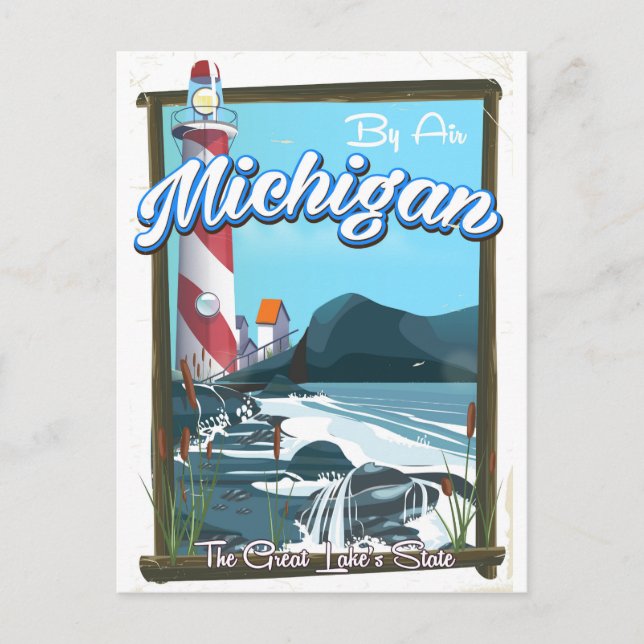 Postal Afiche de viaje del faro de Michigan. (Anverso)