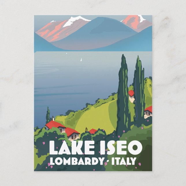 Postal Afiche de viaje del lago Iseo, Lombardía, Italia (Anverso)