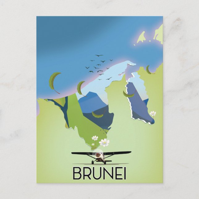 Postal Afiche de viaje del mapa de Brunei (Anverso)