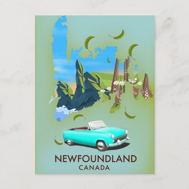 Postal Afiche de viaje del mapa de Canadá en Terranova (Anverso)