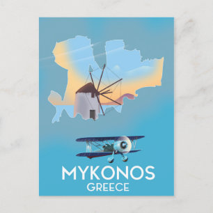 Postal Afiche de viaje del Mapa de Grecia de Mykonos