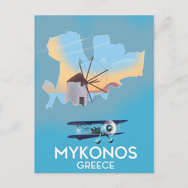 Postal Afiche de viaje del Mapa de Grecia de Mykonos (Anverso)