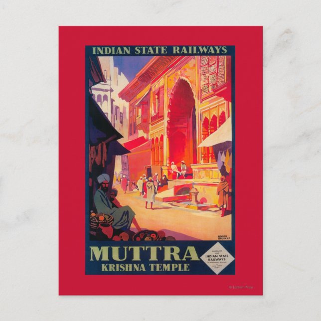 Postal Afiche de viaje del templo Muttra Krishna (Anverso)