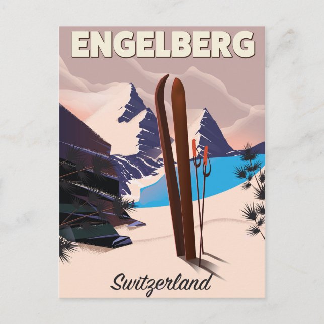 Postal Afiche de viaje en esquí de Engelberg Suiza (Anverso)