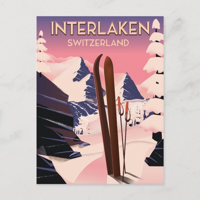 Postal Afiche de viaje en esquí de Suiza Interlaken. (Anverso)