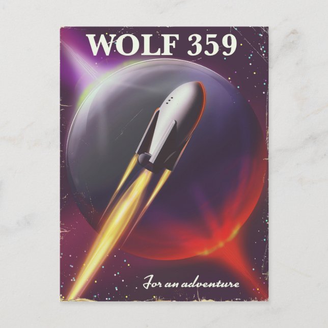 Postal Afiche de viaje espacial Wolf 359 "for a Adventure (Anverso)