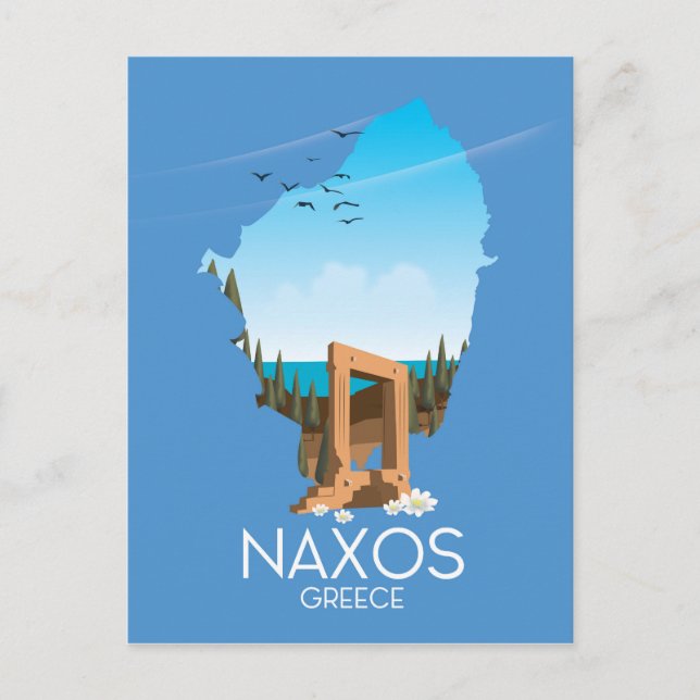 Postal Afiche de viaje griego del Mapa de Naxos. (Anverso)