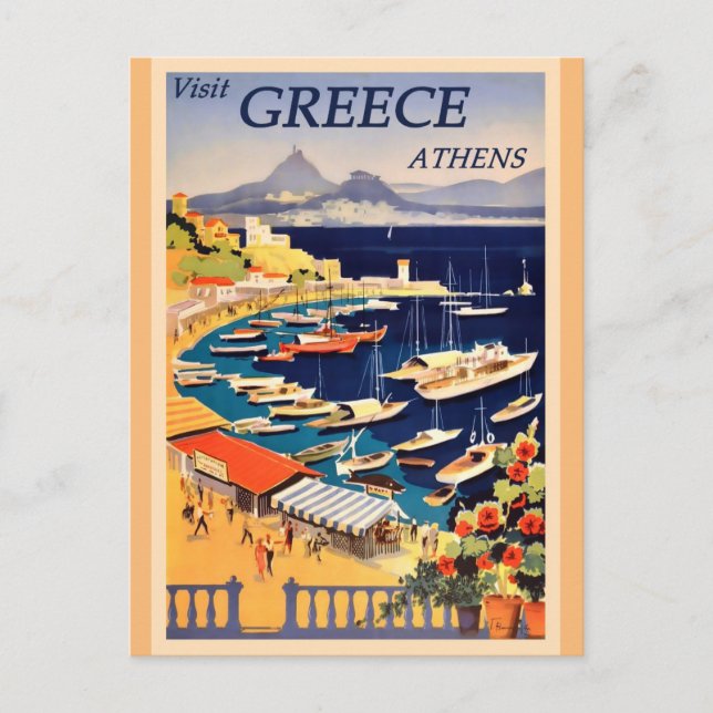 Postal Afiche de viaje griego vintage de Atenas (Anverso)