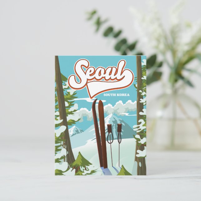 Postal Afiche de viaje para esquiar en Seúl, Corea del Su (Anverso de pie)