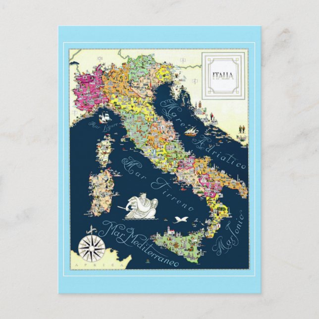 Postal Afiche de viaje por mapa italiano de Italia (Anverso)