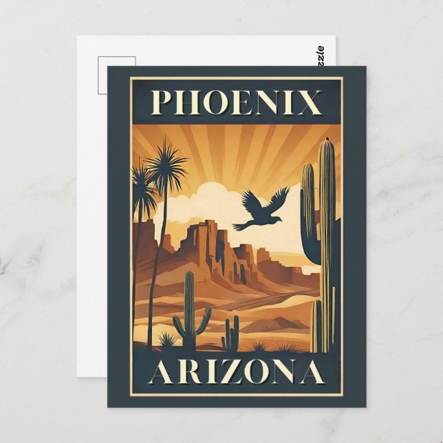 Postal Afiche de viaje retro de Phoenix Arizona (Anverso / Reverso)