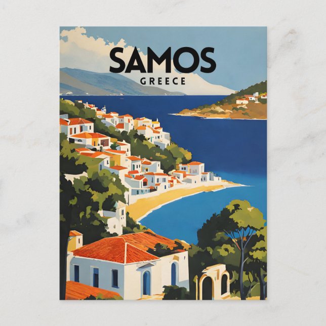 Postal Afiche de viaje retro de Samos Grecia (Anverso)