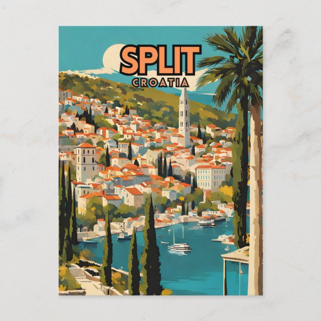 Postal Afiche de viaje retro nostálgico de Split Croacia (Anverso)
