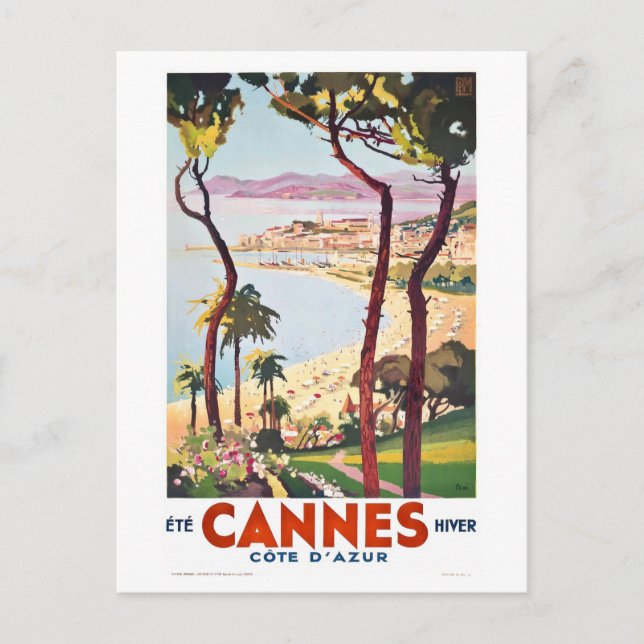 Postal Afiche de viajes de Cannes de época en la Riviera  (Anverso)