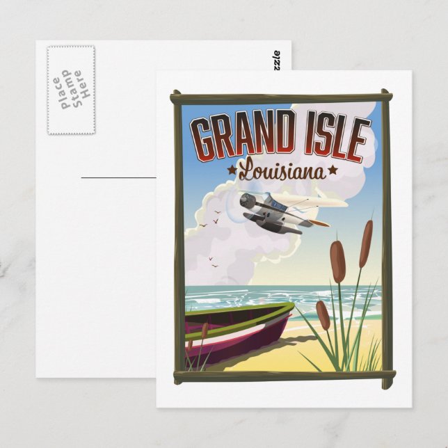 Postal Afiche de viajes de la Isla Grande, Luisiana (Anverso / Reverso)
