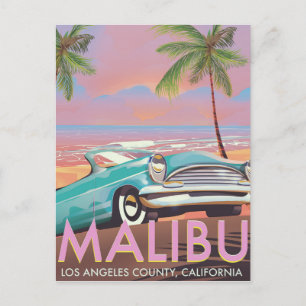 Postal Afiche de viajes de Malibu, Los Ángeles, Californi