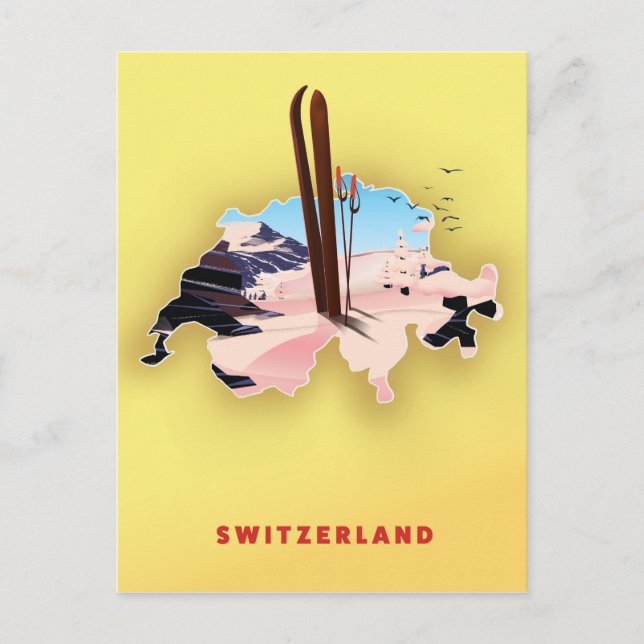 Postal Afiche de viajes en Ski de Suiza. (Anverso)