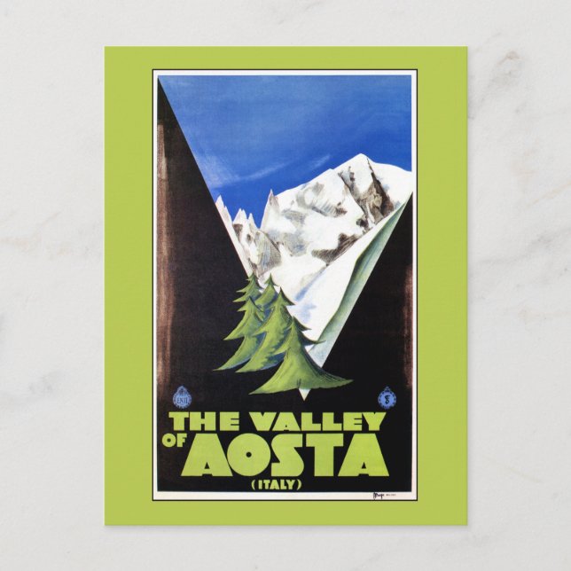 Postal Afiche de viajes sobre el Valle de Aosta en Italia (Anverso)