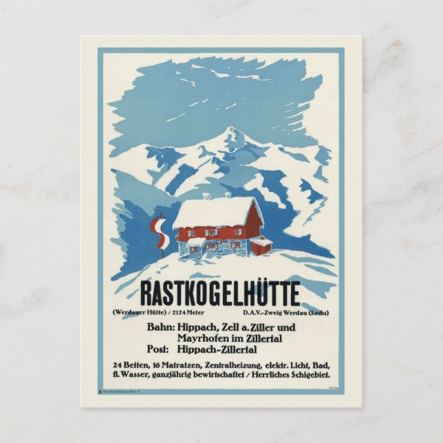 Postal Afiche Vintage de Rastkogelhütte Alemania 1938 (Anverso)
