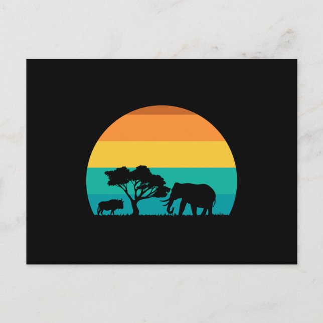 Postal Africa Sunset Con Elefante Y Gnu Retro (Anverso)