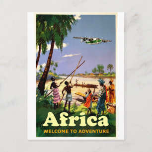 Postal África, tribu africana mirando un avión que se ace