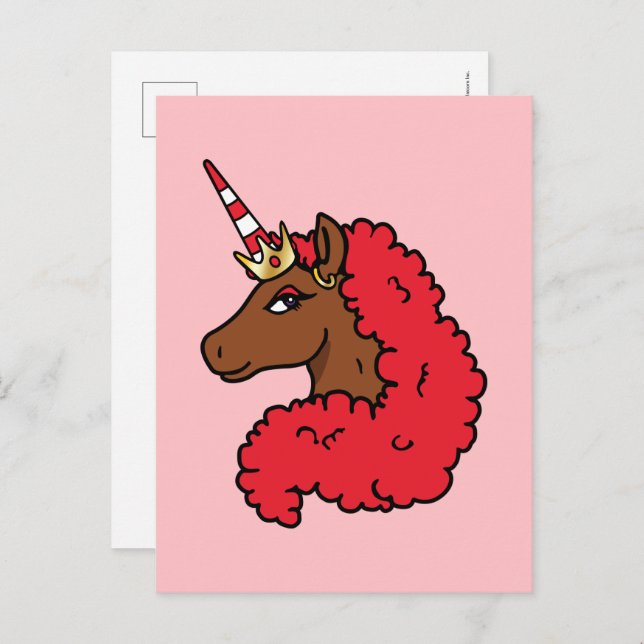 Postal Afro rojo unicornio (Anverso / Reverso)
