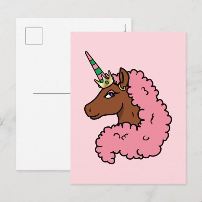 Postal Afro Unicornio rosa claro (Anverso / Reverso)