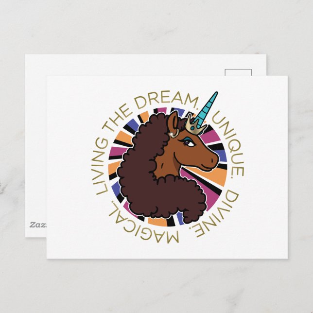 Postal Afro Unicornio viviendo el diseño de sueños (Anverso / Reverso)