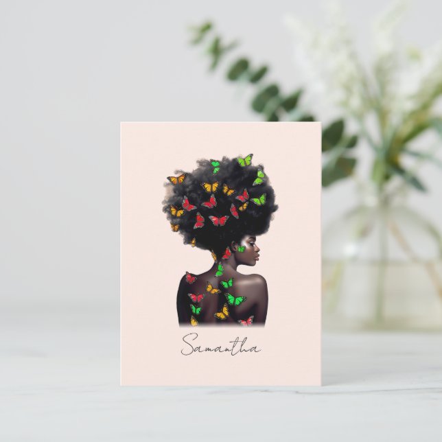 Postal Afroamericana con afro relleno de mariposa (Anverso de pie)