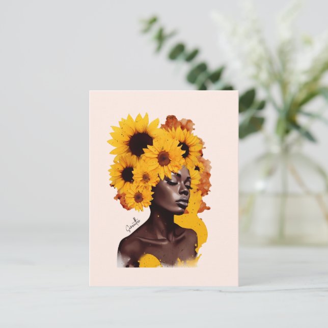 Postal Afroamericana con pelo afro girasol (Anverso de pie)