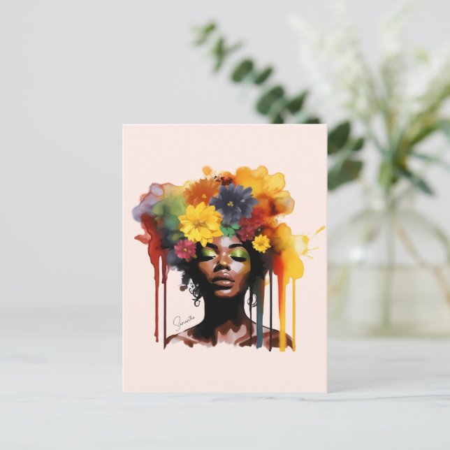 Postal Afroamericana con pelo floral afro (Anverso de pie)