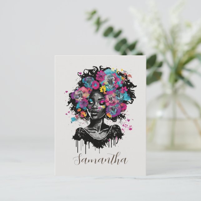 Postal Afromujer con clase floral (Anverso de pie)