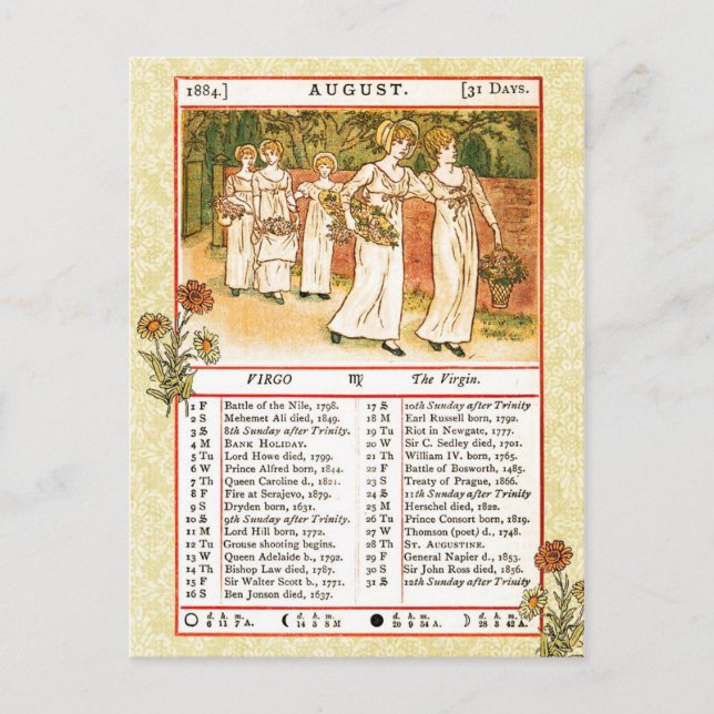 Postal Agosto 1884 Almanac. Virgo, la Virgen (Anverso)