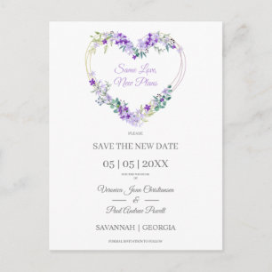 Postal Agradable Corazón Floral Morado Pospuesto Boda