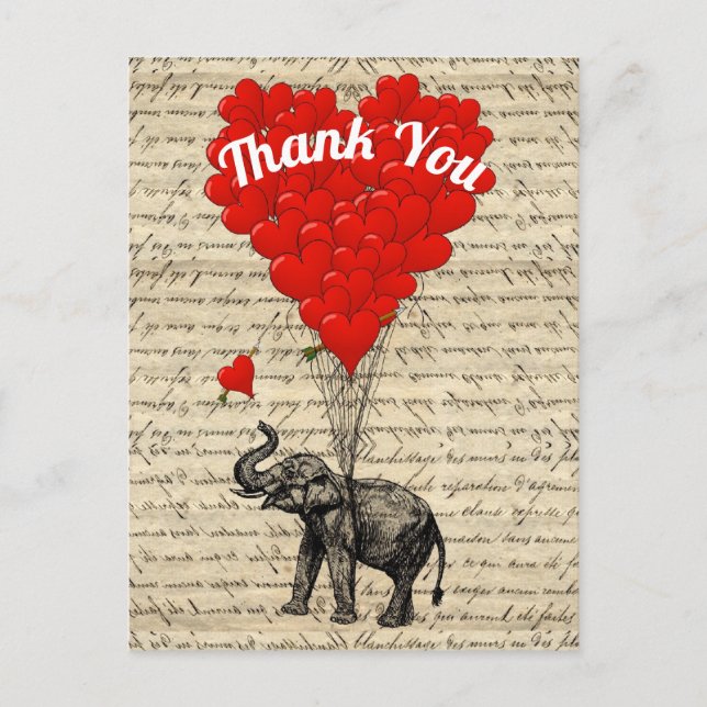 Postal Agradecer amor corazón globos y elefante (Anverso)